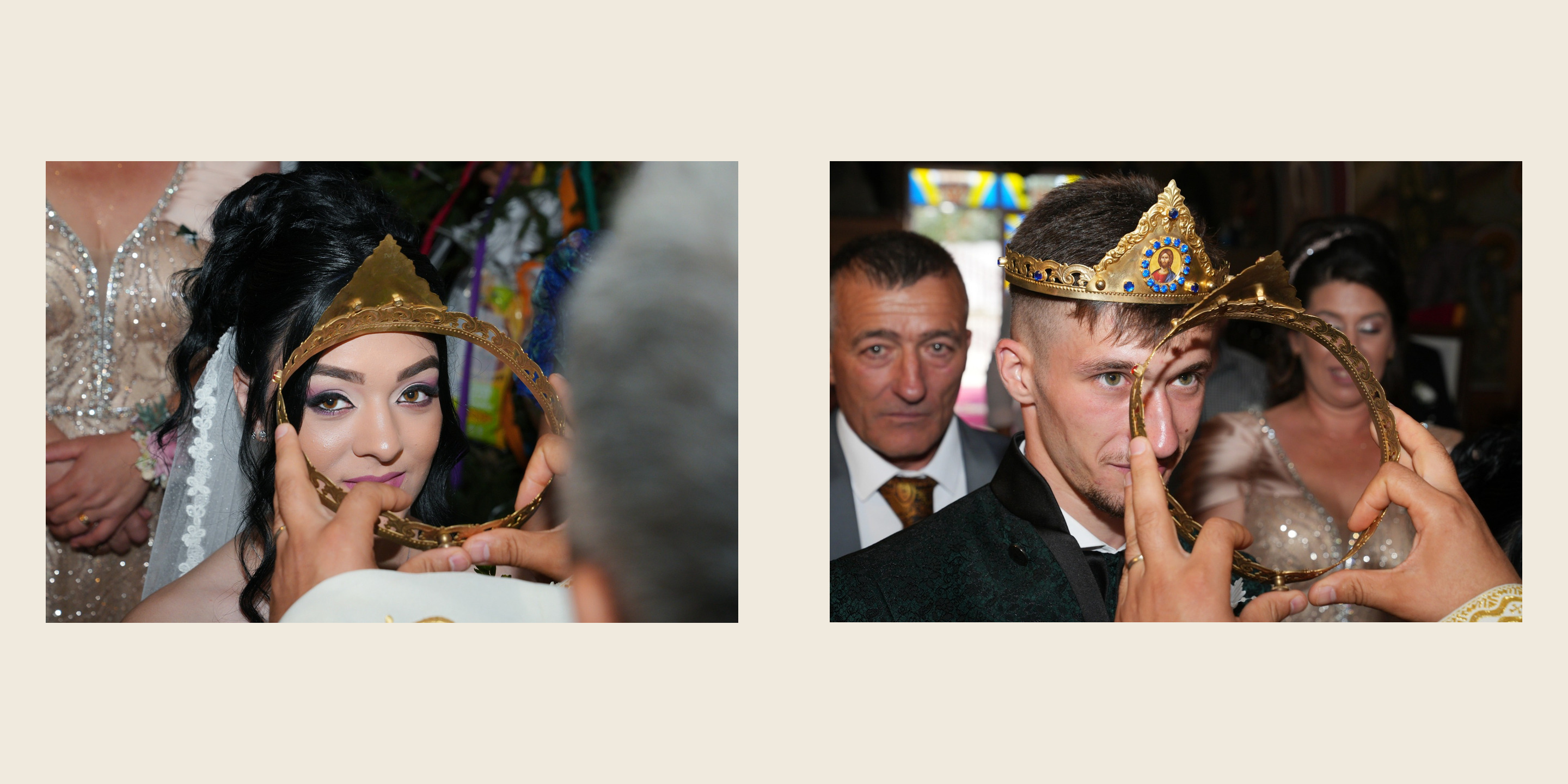 Fila 1: mireasa privește prin cununia ținută deasupra ei; mirele, la fel, sub cununia cu icoană