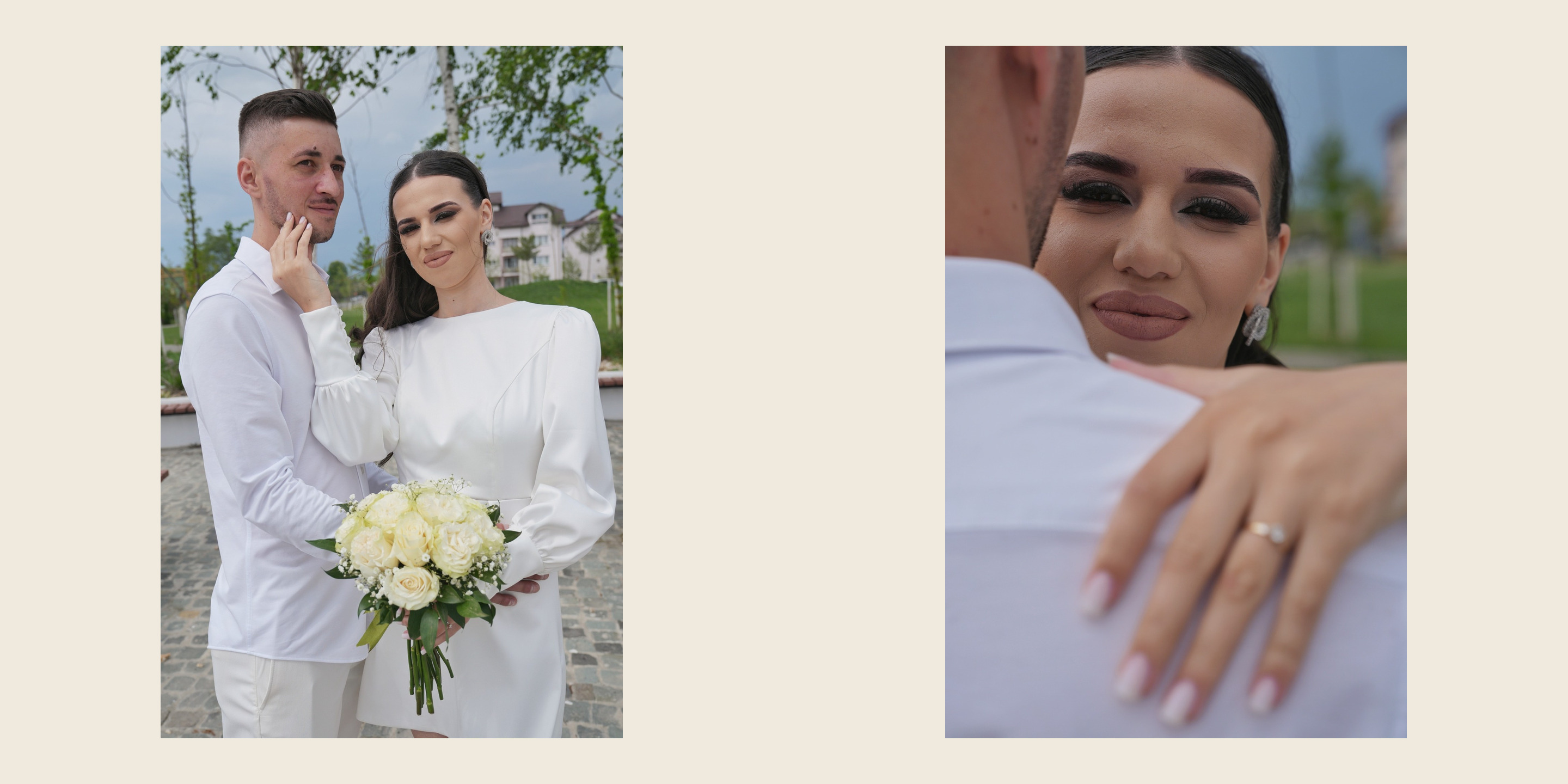 Fila 5: mirii în alb, cu buchetul de trandafiri; mâna cu verigheta pe umărul mirelui