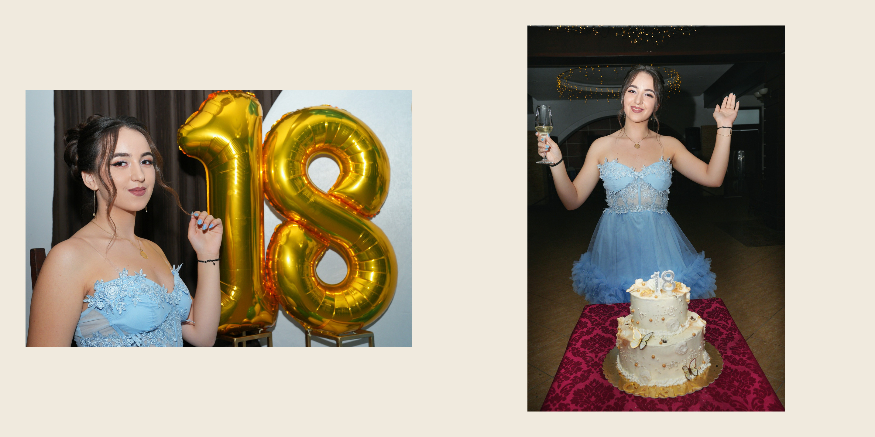 Fila 8: sărbătorita în rochie bleu, lângă baloanele aurii „18”; cu paharul ridicat, lângă tort